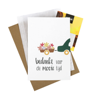 Bloemenzaden met kaart 'Bedankt voor de mooie tijd' verpakt in pergamijn zakje // Floralis