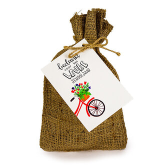 Bedankt voor het leuke schooljaar - Bedankje zadenpakket in jute zakje