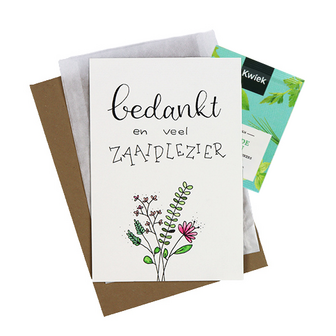 Bloemenzaden met kaart 'Bedankt en veel zaaiplezier' verpakt in pergamijn zakje