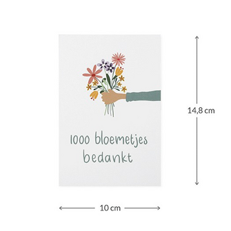 Maatgeving ansichtkaart 100 x 148 mm met de tekst &lsquo;1000 bloemetjes bedankt&rsquo;