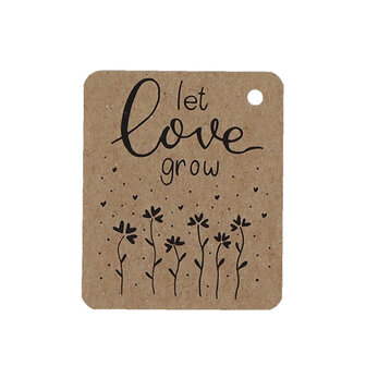 Kraftlabel 50 x 60 mm met boorgat met de tekst &#039;Let love grow&#039;