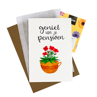 Bloemenzaden met kaart &#039;Geniet van je pensioen&#039; verpakt in pergamijn zakje