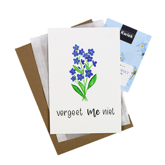 Bloemenzaden met kaart &#039;Vergeet me niet&#039; verpakt in pergamijn zakje