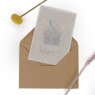 Bloemenzaden met kaart &#039;Hoera&#039; verpakt in pergamijn zakje