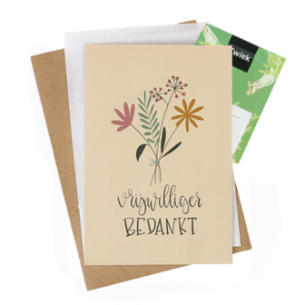 Bloemenzaden met kaart &#039;Vrijwilliger bedankt&#039; verpakt in pergamijn zakje