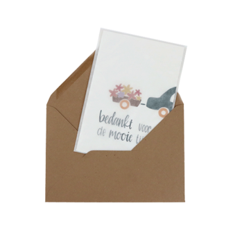 Bloemenzaden met kaart &#039;Bedankt voor de mooie tijd&#039; verpakt in pergamijn zakje // Floralis