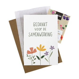 Bloemenzaden met kaart &#039;Bedankt voor de samenwerking&#039; verpakt in pergamijn zakje // Floralis