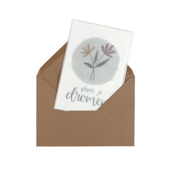 Bloemenzaden met kaart &#039;Plant je dromen // Floralis&#039; verpakt in pergamijn zakje