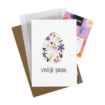 Bloemenzaden met kaart &#039;Vrolijk pasen // Floralis&#039; verpakt in pergamijn zakje