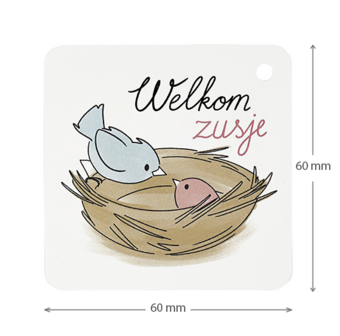 Welkom zusje - kindertraktatie - label maatgeving