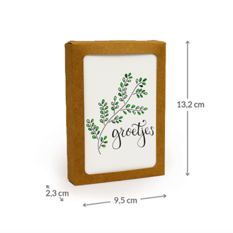 Groetjes - Bedankje zaden in glazen flesje met kaart en standaard