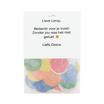 Leuk dat je er bij was - Groeiconfetti in pergamijn zakje met klapkaartje // Eef