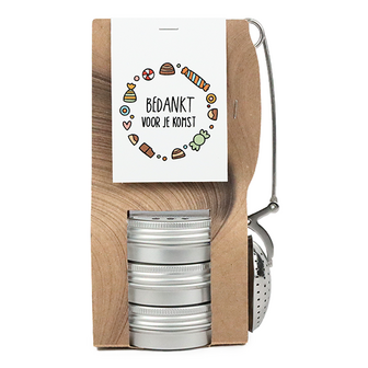 Bedankt voor je komst - Theetas met 3 blikjes en  thee-ei knijper // Eef