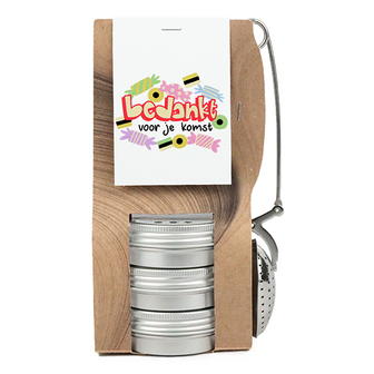 Bedankt voor je komst - Theetas met 3 blikjes en thee-ei knijper // Maartje