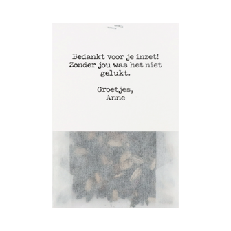 Bedankt vrijwilliger - bedankje zaden in pergamijn zakje met klapkaartje 