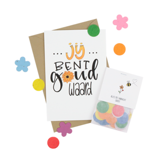 Brievenbus bedankje; groeiconfetti in pergamijn zakje met ansichtkaart in kraft envelop