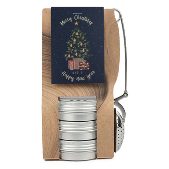 Theetas met 3 blikjes en thee-ei knijper - Merry Christmas and a happy new year - Hoofdfoto