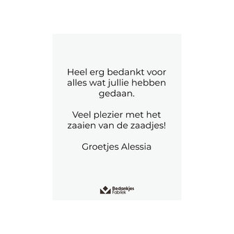 Zaden in bioplatic zakje - Achterkant met persoonlijke tekst