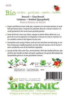 Biologische groene Broccoli Calabrese zaden - achterkant
