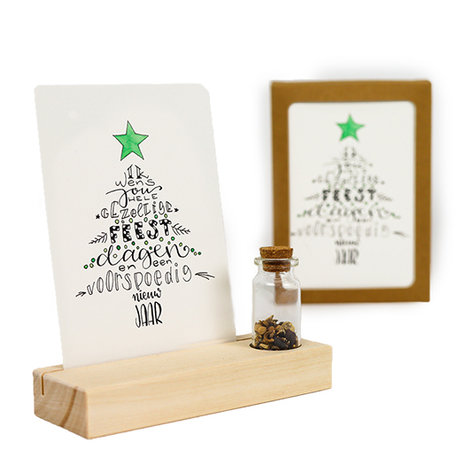 Gezellige feestdagen - bedankje zaden in glazen flesje met kaart en standaard