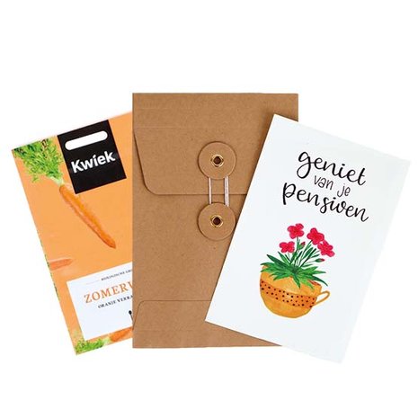 Geniet van je pensioen - bedankje zadenpakket met ansichtkaart in Japanse envelop