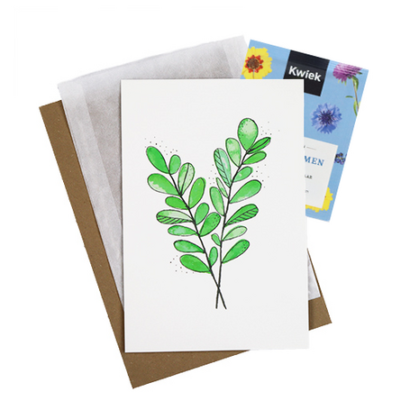 Bloemenzaden met kaart 'Groen blad' verpakt in pergamijn zakje