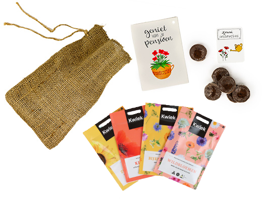 Geniet van je pensioen - Bedankje zadenpakket in jute zakje