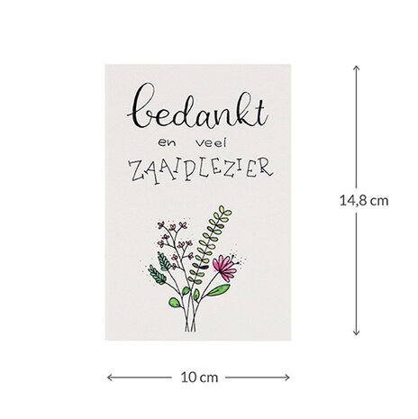 Bloemenzaden met kaart 'Bedankt en veel zaaiplezier' verpakt in pergamijn zakje