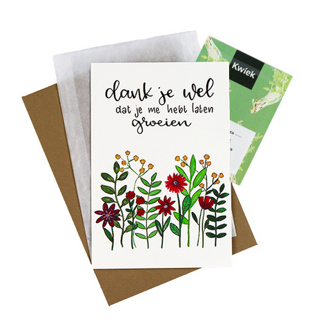 Bloemenzaden met kaart 'Dankjewel dat je me hebt laten groeien' verpakt in pergamijn zakje