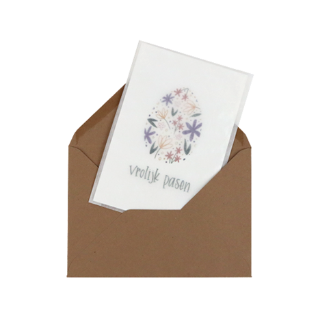 Bloemenzaden met kaart 'Vrolijk pasen // Floralis' verpakt in pergamijn zakje