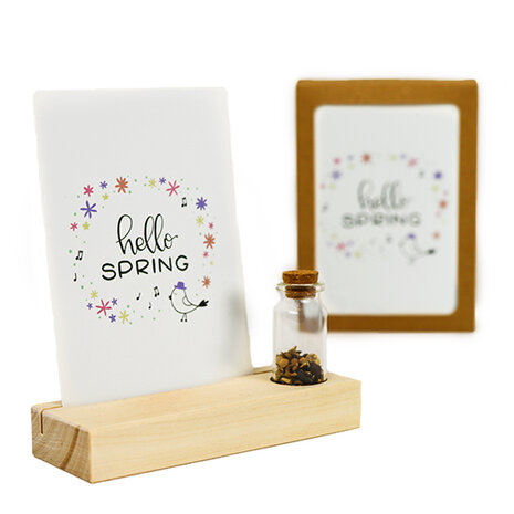 Hello spring - bedankje zaden in glazen flesje met kaart en standaard