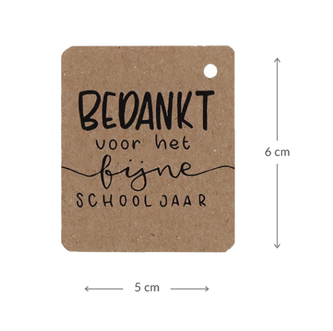 Kraftlabel 50 x 60 mm met boorgat met de tekst 'Bedankt voor het fijne schooljaar' - Maatgeving