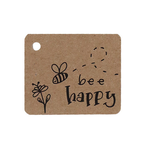 Kraftlabel 50 x 60 mm met boorgat met de tekst 'Bee happy'
