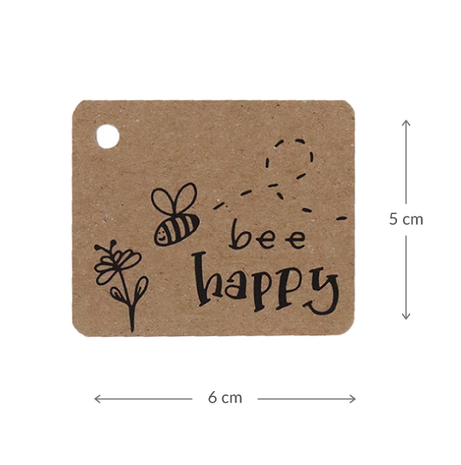 Kraftlabel 50 x 60 mm met boorgat met de tekst 'Bee happy' - Maatgeving