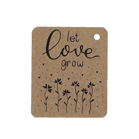 Kraftlabel 50 x 60 mm met boorgat met de tekst 'Let love grow'