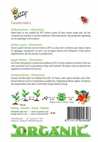 Biologische Suikermeloen Charentais zaden - achterkant