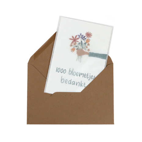 Bloemenzaden met kaart '1000 bloemetjes bedankt' verpakt in pergamijn zakje // Floralis