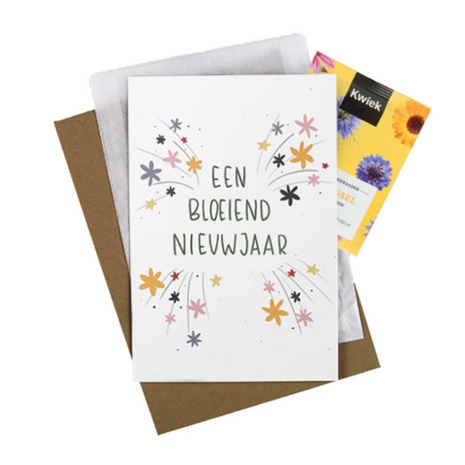 Bloemenzaden met kaart 'Een bloeiend nieuwjaar' verpakt in pergamijn zakje // Floralis