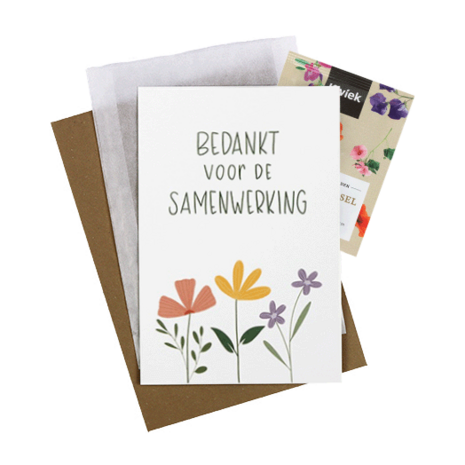 Bloemenzaden met kaart 'Bedankt voor de samenwerking' verpakt in pergamijn zakje // Floralis
