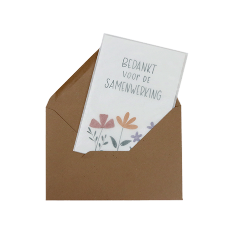 Bloemenzaden met kaart 'Bedankt voor de samenwerking' verpakt in pergamijn zakje // Floralis