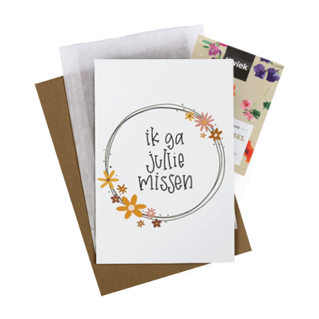 Bloemenzaden met kaart 'Ik ga jullie missen' verpakt in pergamijn zakje // Floralis