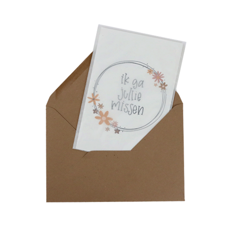 Bloemenzaden met kaart 'Ik ga jullie missen' verpakt in pergamijn zakje // Floralis