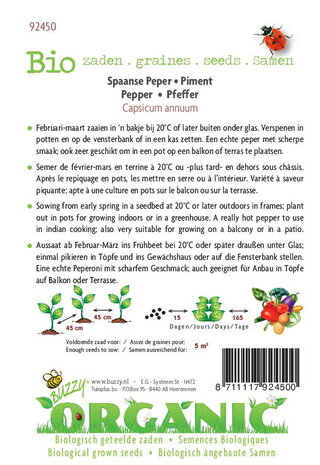 Biologische Peper Cayenna zaden - achterkant