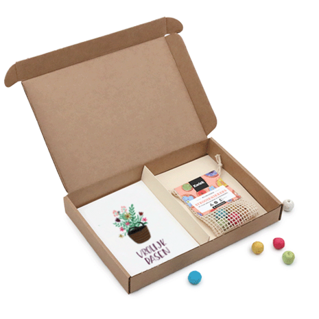 Vrolijk Pasen - Bedankje zaadbommetjes in uitdeel doosje met kaart 