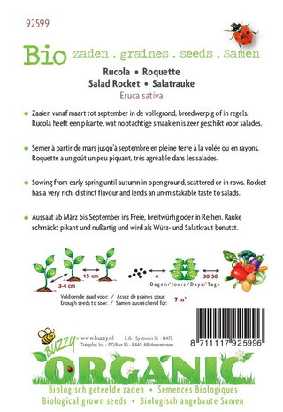 Biologische Rucola gewone zaden - achterkant
