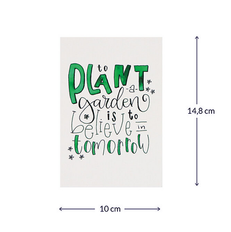 Bloemenzaden met kaart 'To plant a garden is to believe in tomorrow' verpakt in pergamijn zakje