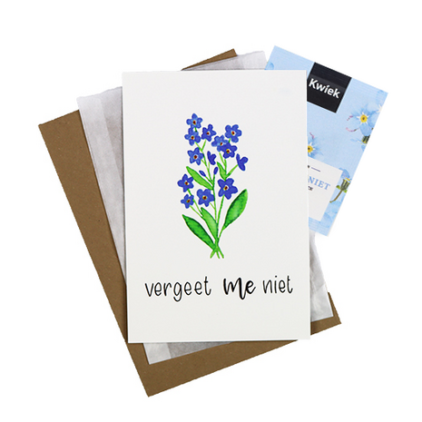 Bloemenzaden met kaart 'Vergeet me niet' verpakt in pergamijn zakje