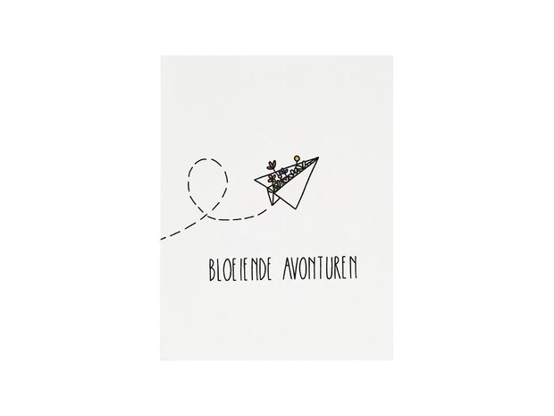 Voorkant kaartje 80 x 105 mm met de tekst ‘Bloeiende avonturen’