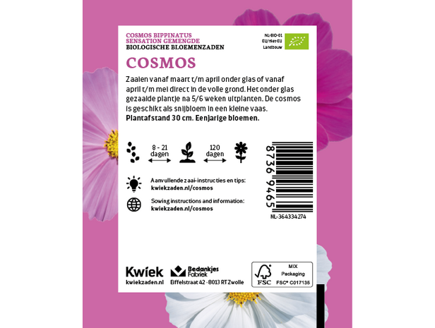 Biologische Cosmos zaden -  Kwiek Uitdeel zakjes (UITVERKOCHT)