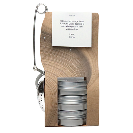 Bedankt voor je komst - Theetas met 3 blikjes en  thee-ei knijper // Eef